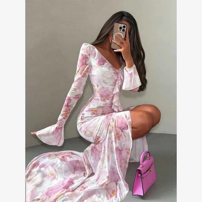 Women's Printed Gathered Swing Midi Dress - Spaghetti Strap High Waist