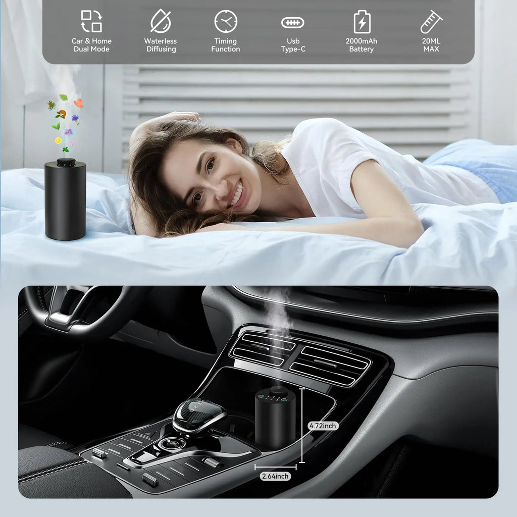 Rechargeable Waterless Essential Oil Diffuser Cordless Aromatherapy Car Diffuser with Timing Setting and 3 Fragrance Levels