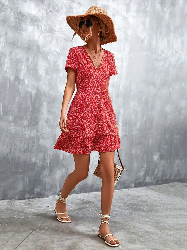 Boho Floral Print V-Neck Mini Dress