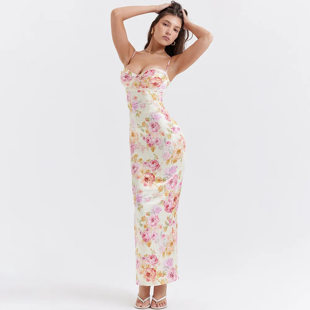 Women's Spaghetti Strap Floral Print Maxi Dress - Boat Neck Elegant Style