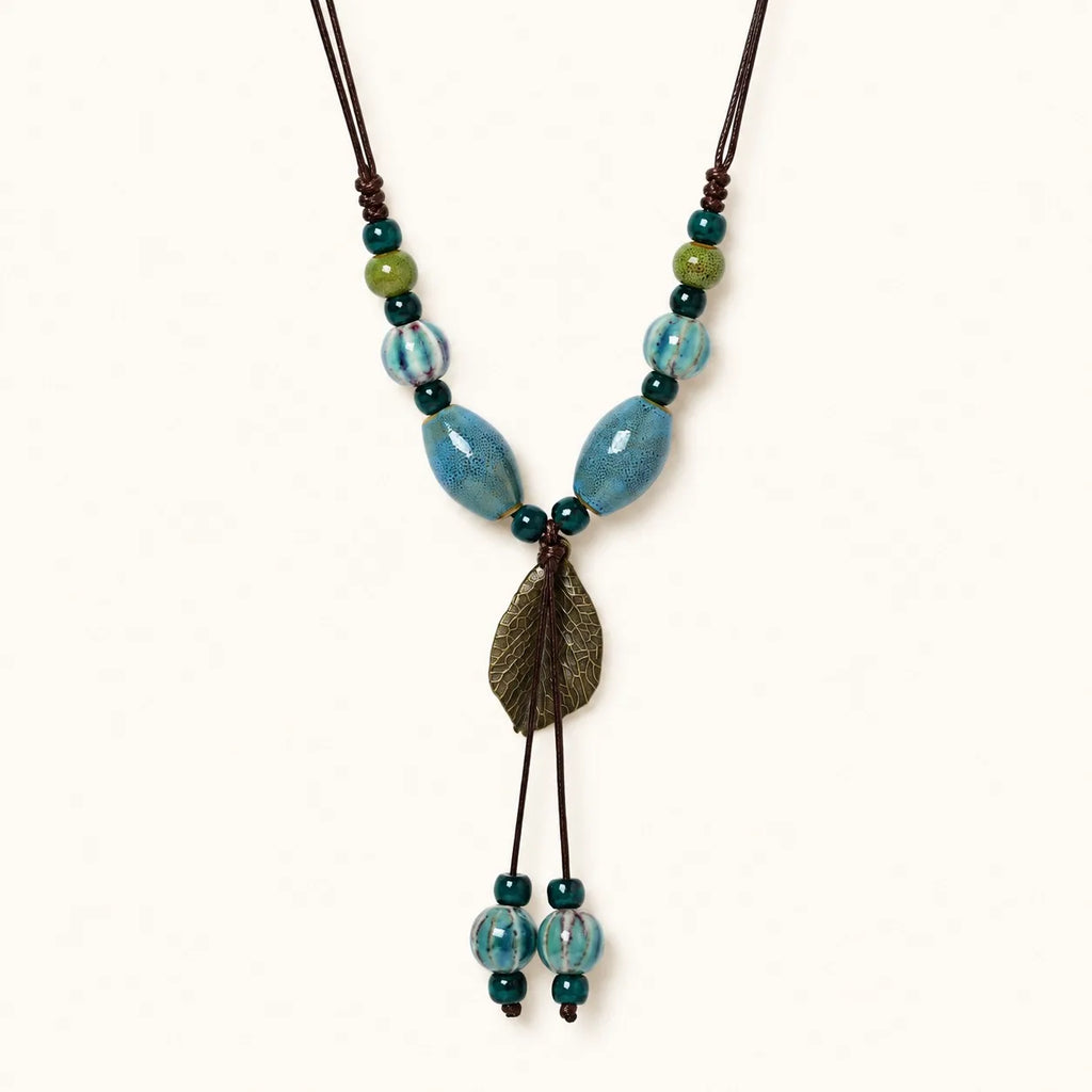 Handmade Ceramic Leaf Pendant Necklace – Adjustable Wax Cord Artisan Jewelry Gift