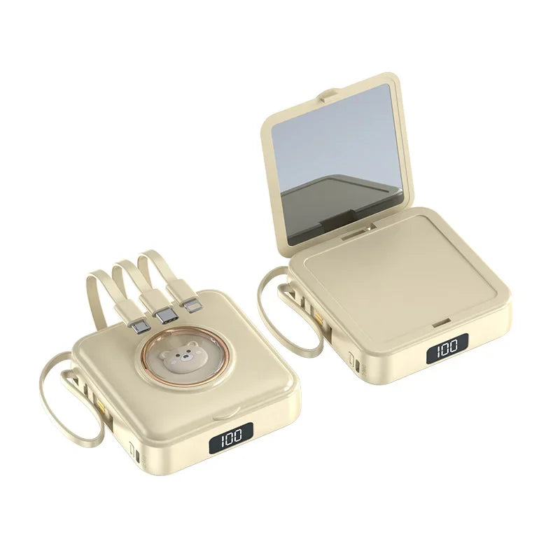 Mini Power Bank 20000mAh – Built-in 4 Cables, Makeup Mirror & Cute Pet Cartoon Design