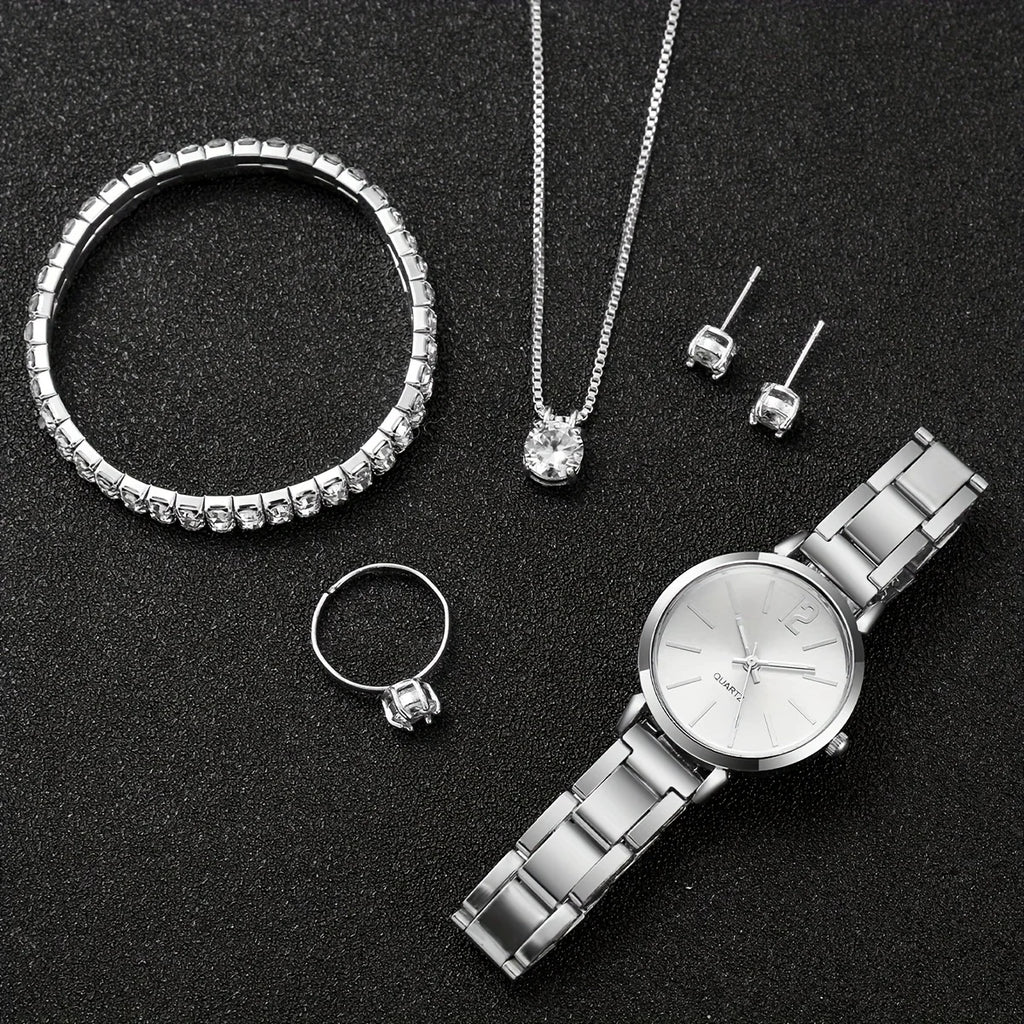 Women's Stainless Steel Quartz Watch & Diamond Jewelry Set – 6PCS Fashion Wristwatch