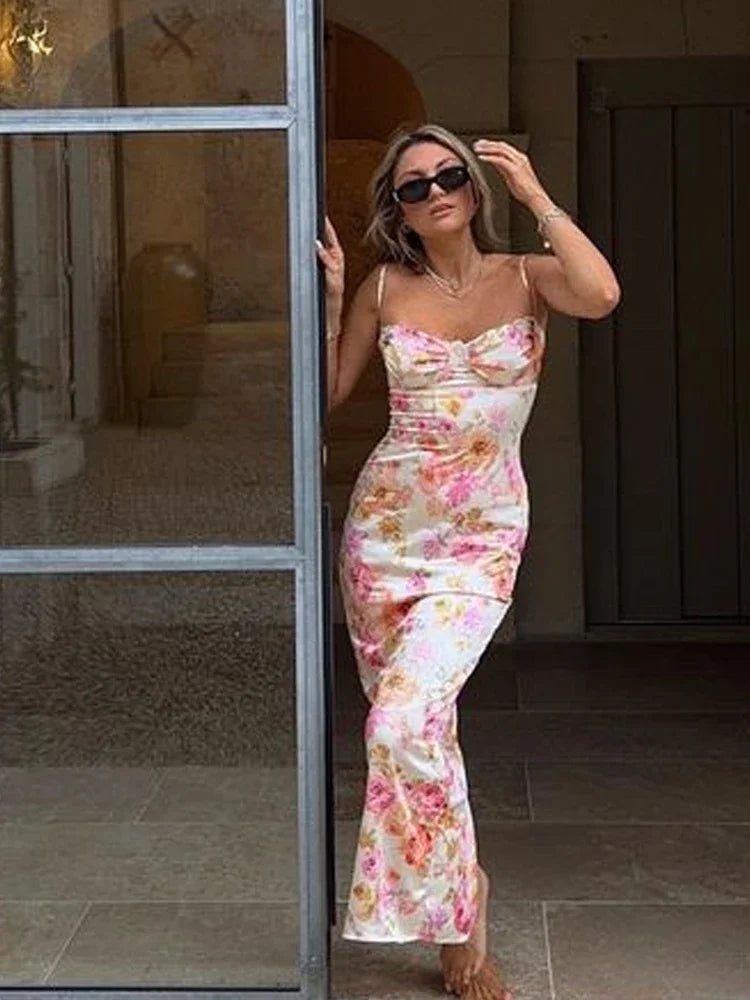 Women's Spaghetti Strap Floral Print Maxi Dress - Boat Neck Elegant Style