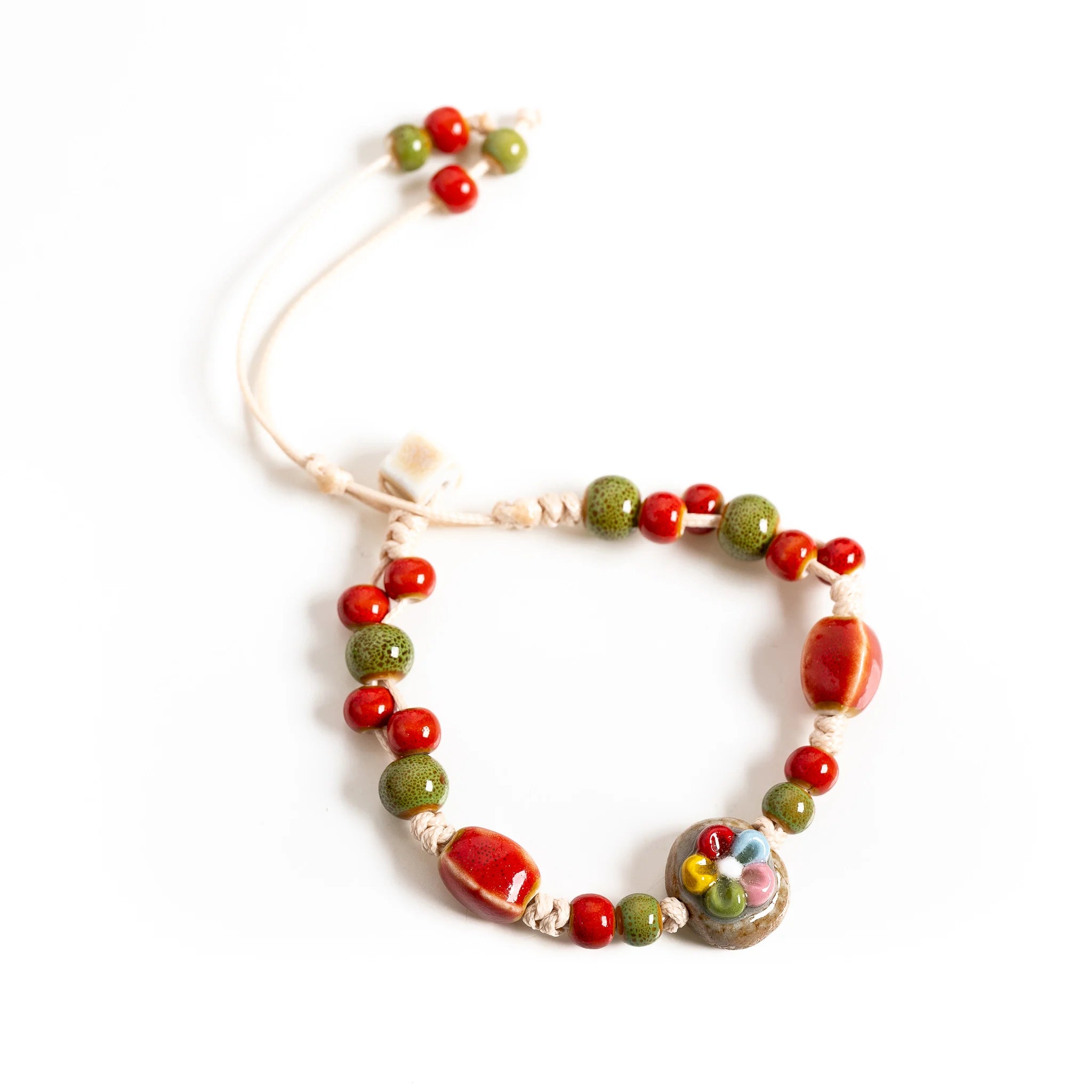 Handmade Floral Stone Ceramic Bracelet – Adjustable Wax Cord Dainty Vintage Jewelry for Women