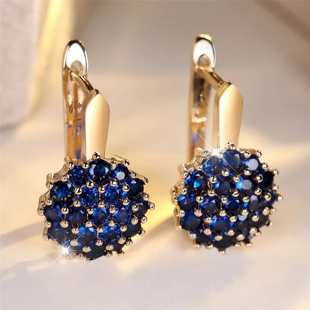 Cute Sunflower Blue Crystal Hoop Earrings for Women, Rose Gold/Silver Color, Wedding Jewelry