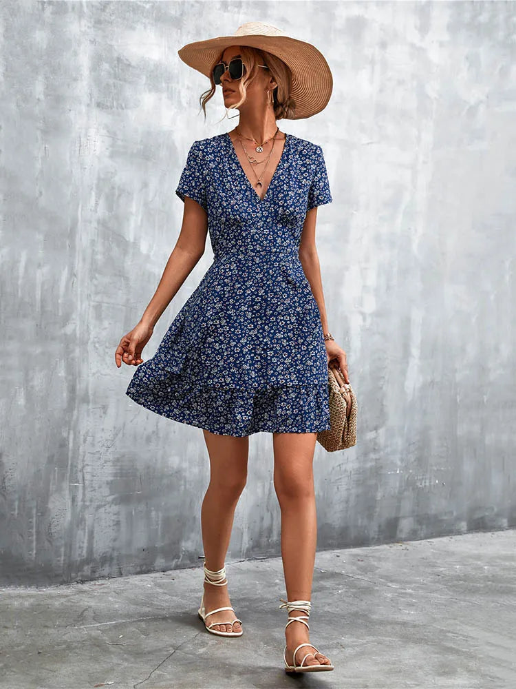 Boho Floral Print V-Neck Mini Dress