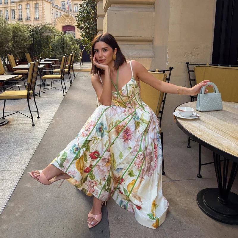 Women's Printed Sleeveless Sling Halter Maxi Dress - Waist Cinching A-line Style