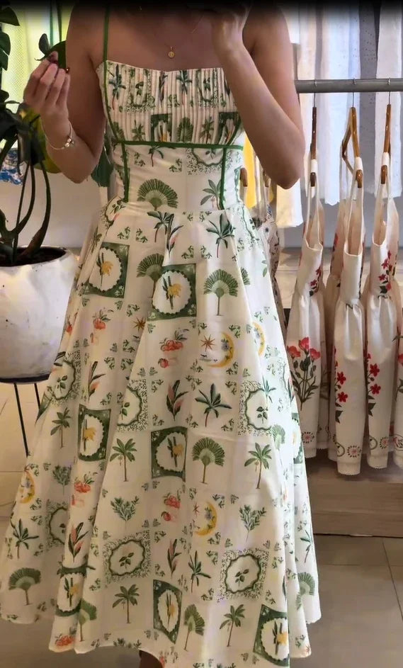 Women's Printed Gathered Swing Midi Dress - Spaghetti Strap High Waist