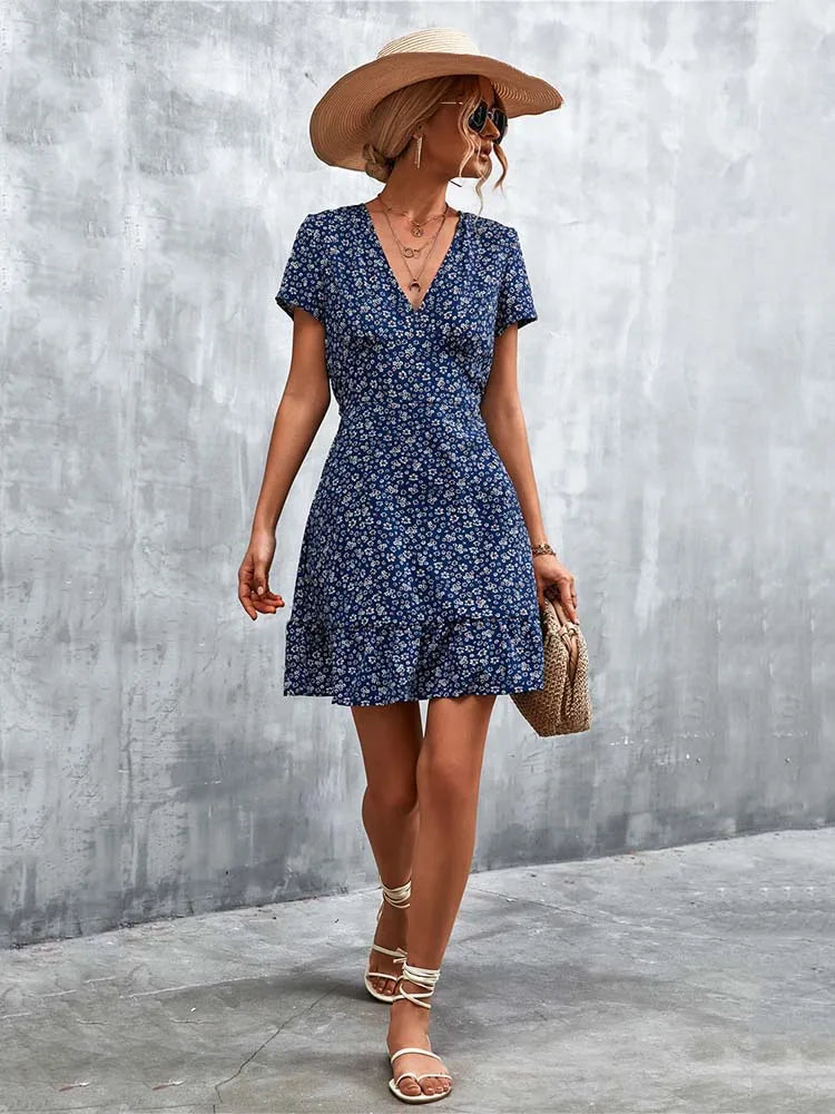 Boho Floral Print V-Neck Mini Dress