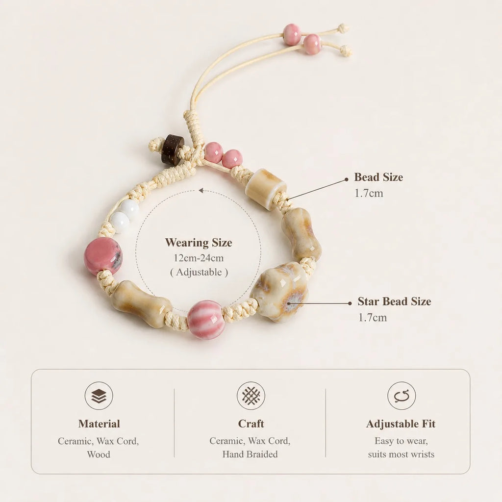 Handmade Ceramic Bone Bead & Star Charm Bracelet – Adjustable Wax Cord Artisan Jewelry