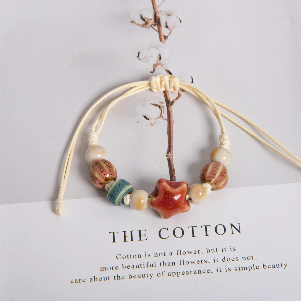 Handmade Ceramic Peach Star & Melon Bead Bracelet – Adjustable Multicolor Wax Cord Boho Jewelry