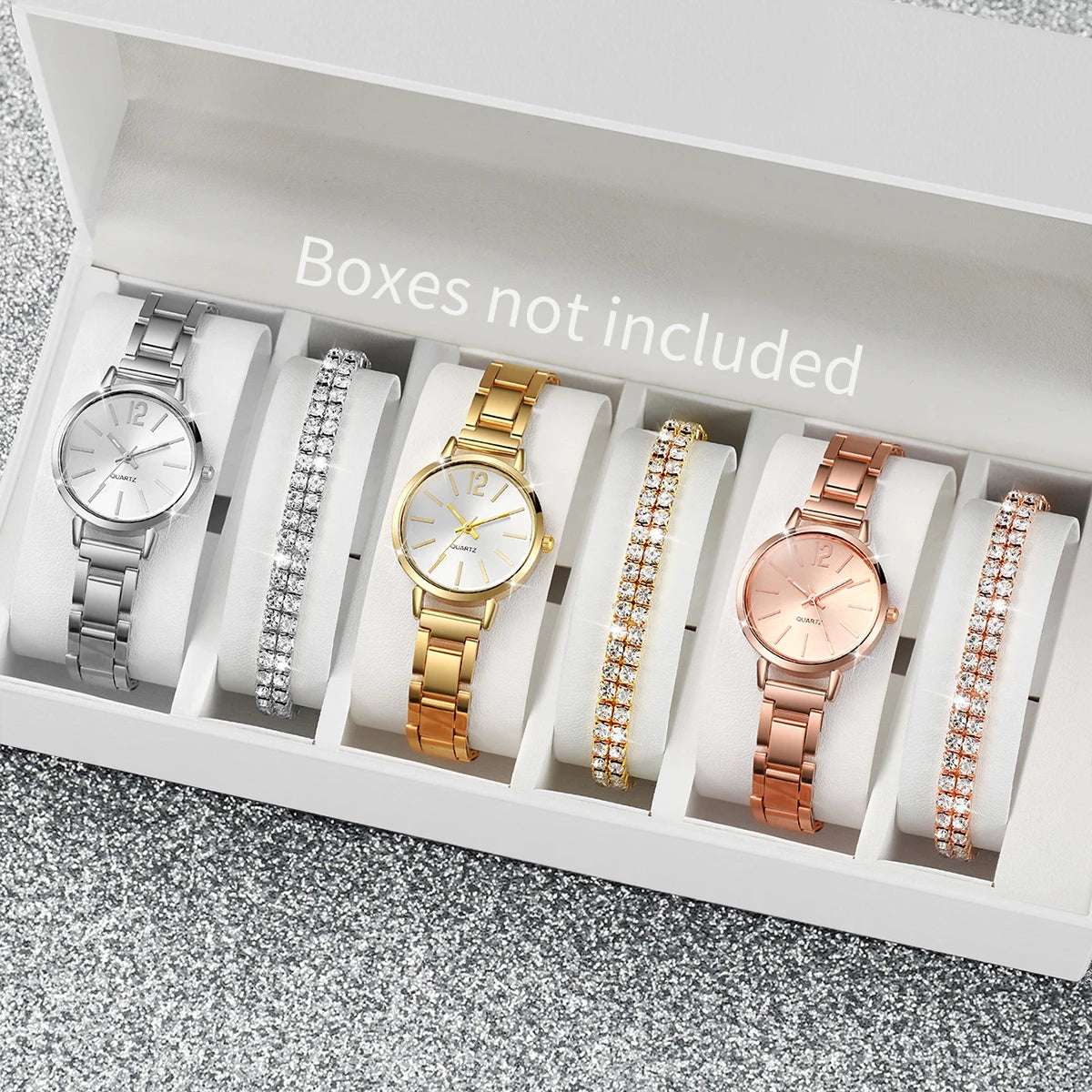 Women's Steel Band Quartz Watch & Diamond Bracelet Set – 6PCS Fashion Wristwatch