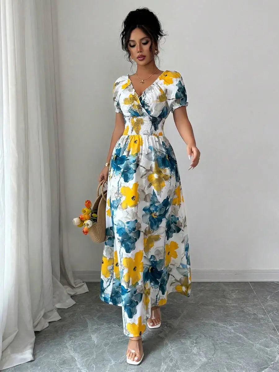 Women's V Neck Shirred Maxi Dress - Big Floral Print Ankle Length