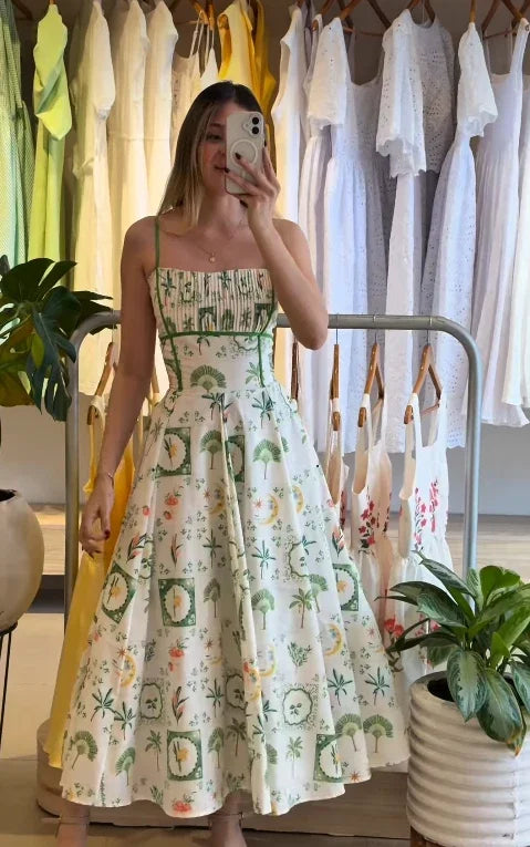 Women's Printed Gathered Swing Midi Dress - Spaghetti Strap High Waist
