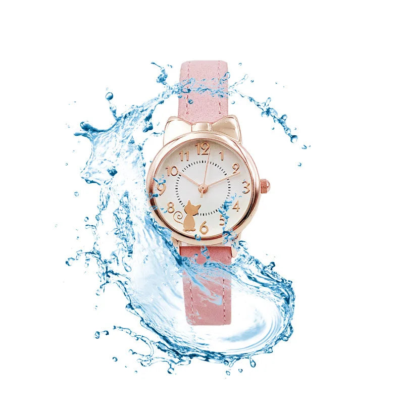 Kids' Cute Cat Cartoon Watch for Girls – Waterproof Quartz