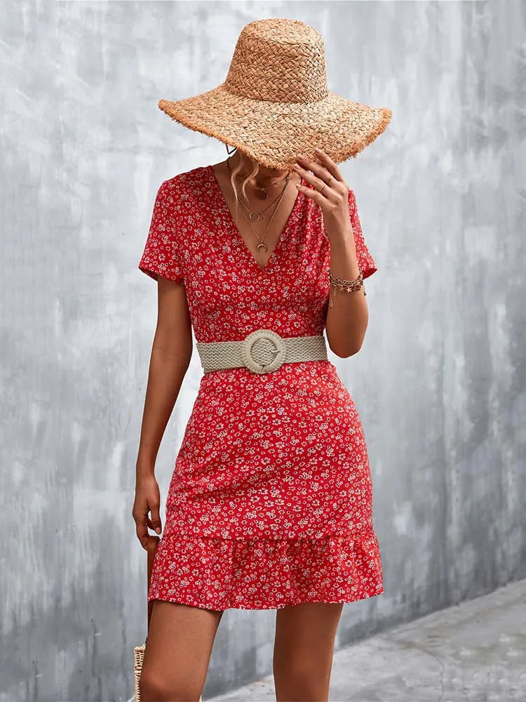 Boho Floral Print V-Neck Mini Dress