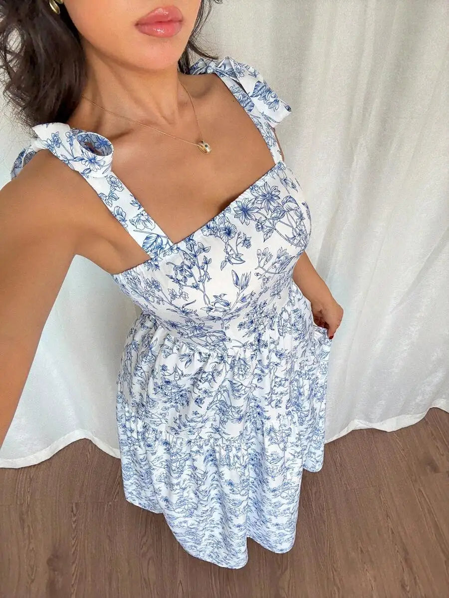 Women's V Neck Pleated Floral Maxi Dress - Sleeveless Ruffle Hem