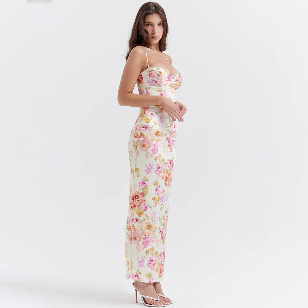 Women's Spaghetti Strap Floral Print Maxi Dress - Boat Neck Elegant Style