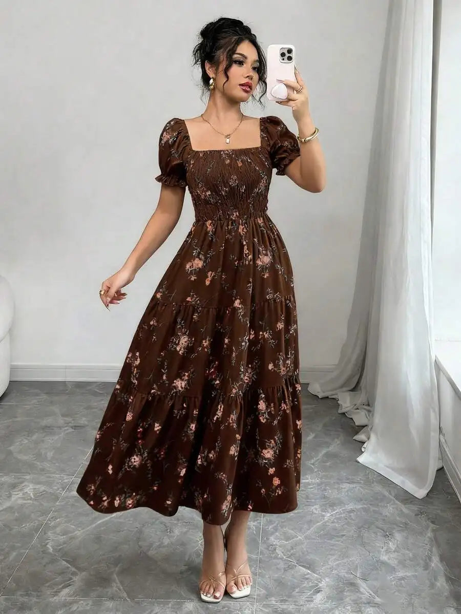 Women's Square Neck Pleated Maxi Dress - Short Sleeve Ruffle Hem