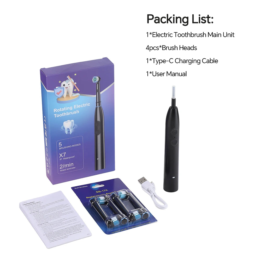 5-Mode Electric Toothbrush – IPX7 Waterproof, 15-Day Battery, USB-C
