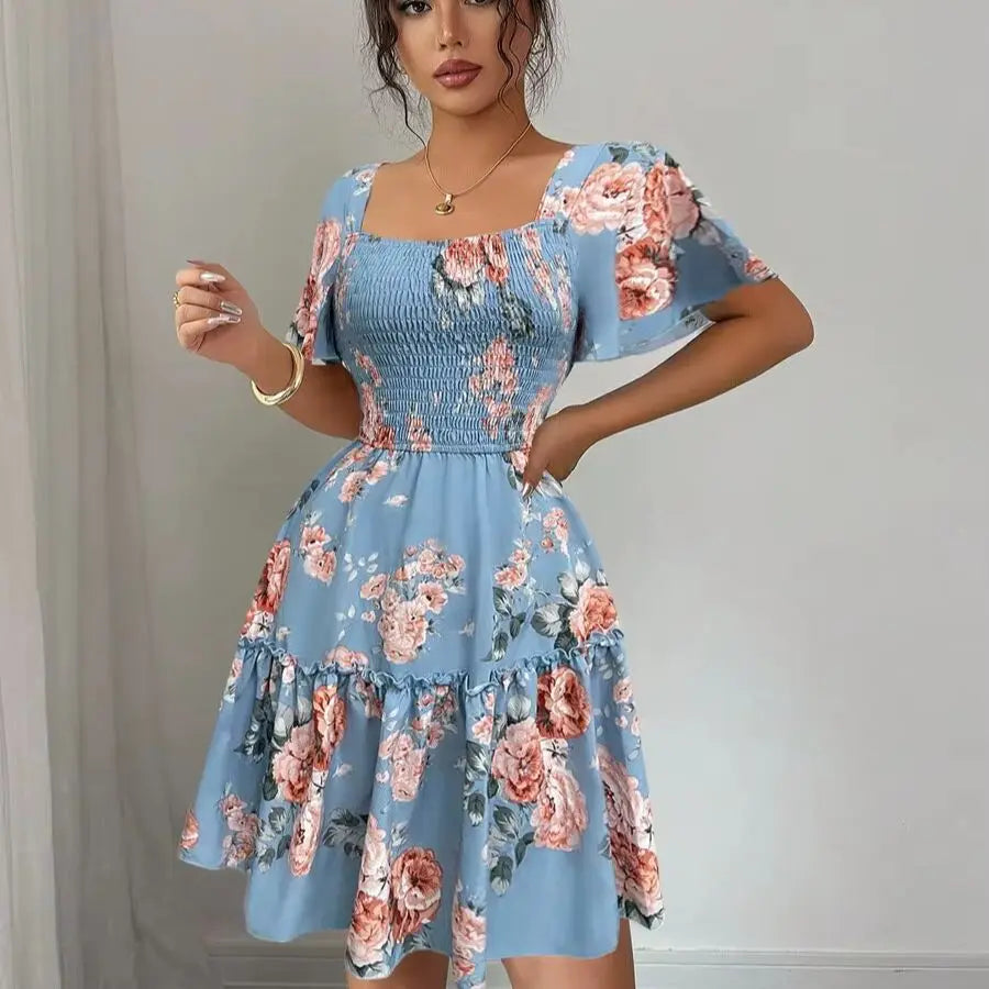 Women's Blue Floral Print Casual Dress - Ruffle Hem Short Sleeve