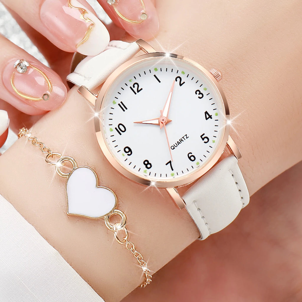 Fashion Women's Leather Quartz Watch & Heart Bracelet Set – 4/6PCS Arabic Dial Wristwatch