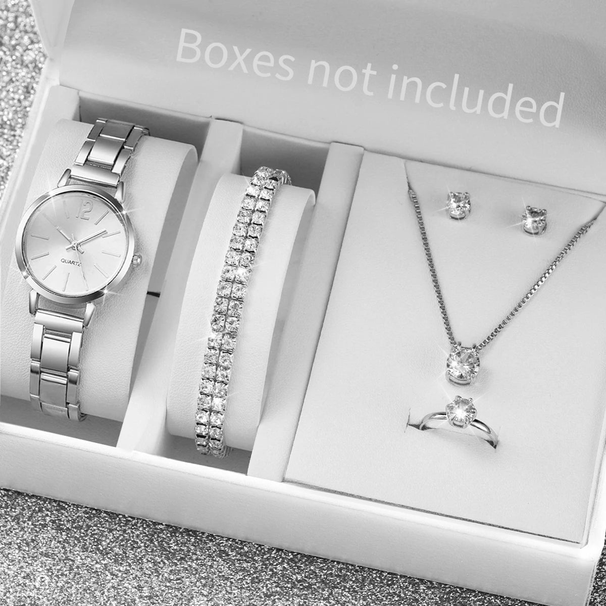 Women's Stainless Steel Quartz Watch & Diamond Jewelry Set – 6PCS Fashion Wristwatch