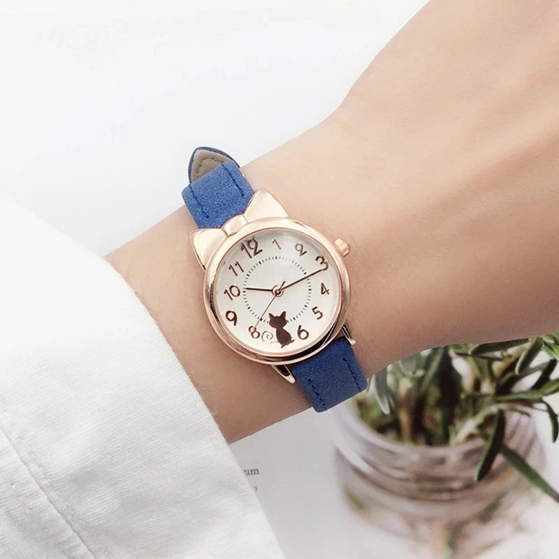 Kids' Cute Cat Cartoon Watch for Girls – Waterproof Quartz