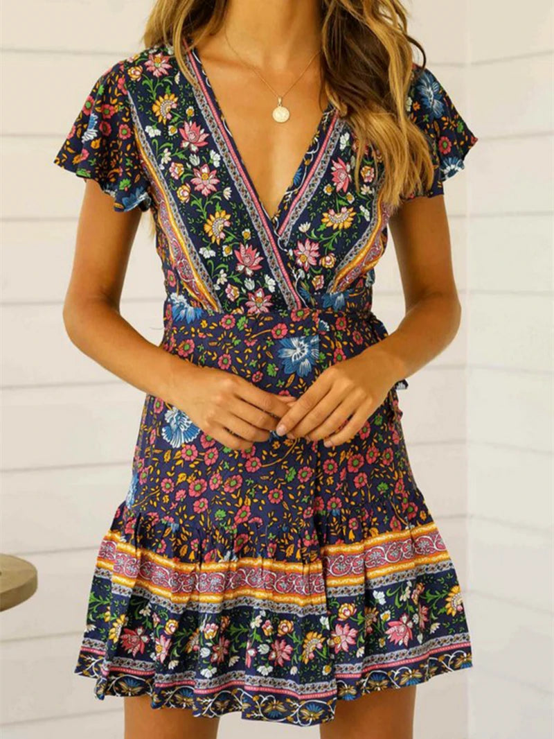 Vintage Chic Fashion Women Hippie Floral Print V-neck