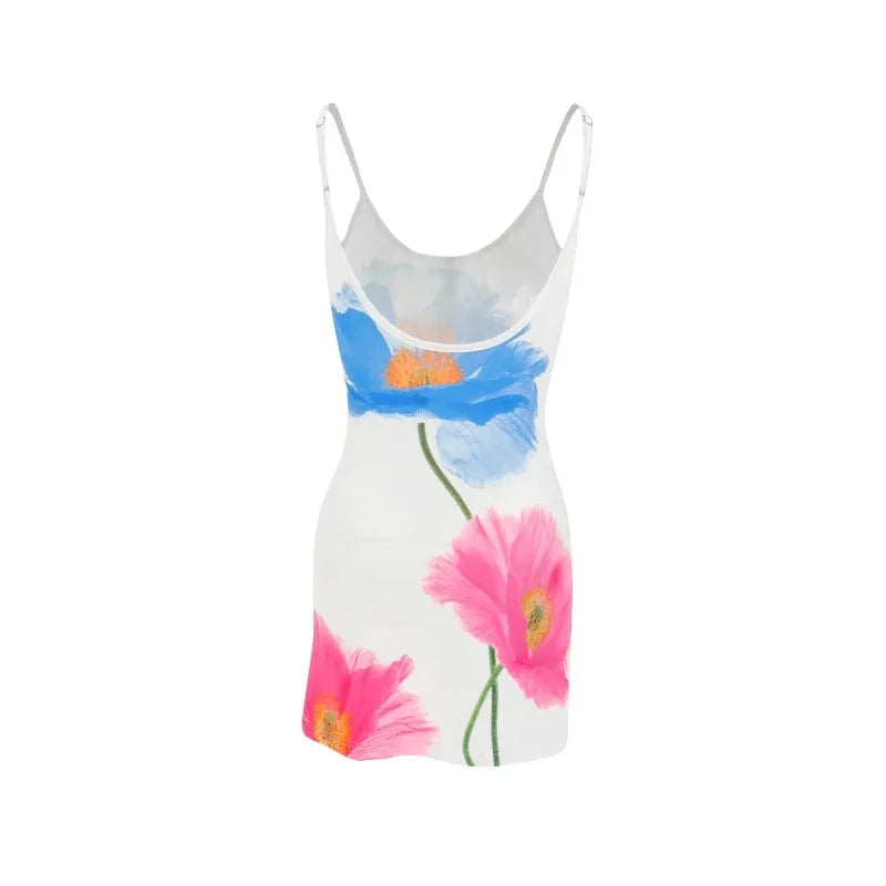 Women's White Printed O-Neck Mini Dress - Summer Streetwear Style