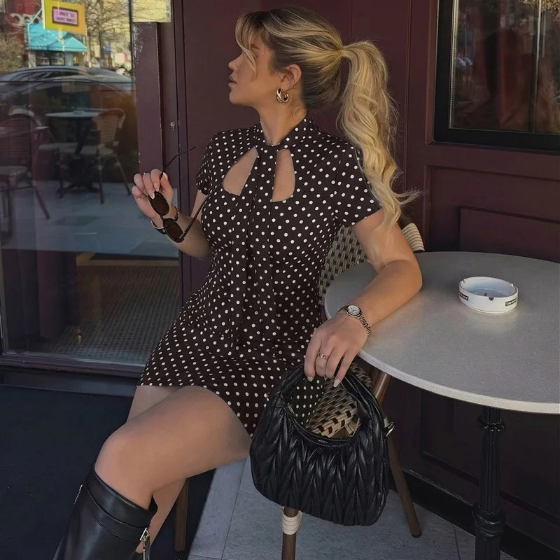 Polka Dot Tie-Up Bodycon Hip Wrap Mini Dress