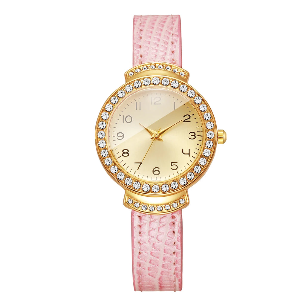 Fashion Rhinestone Women's Quartz Watch – Pink Leather Strap Ladies Wristwatch