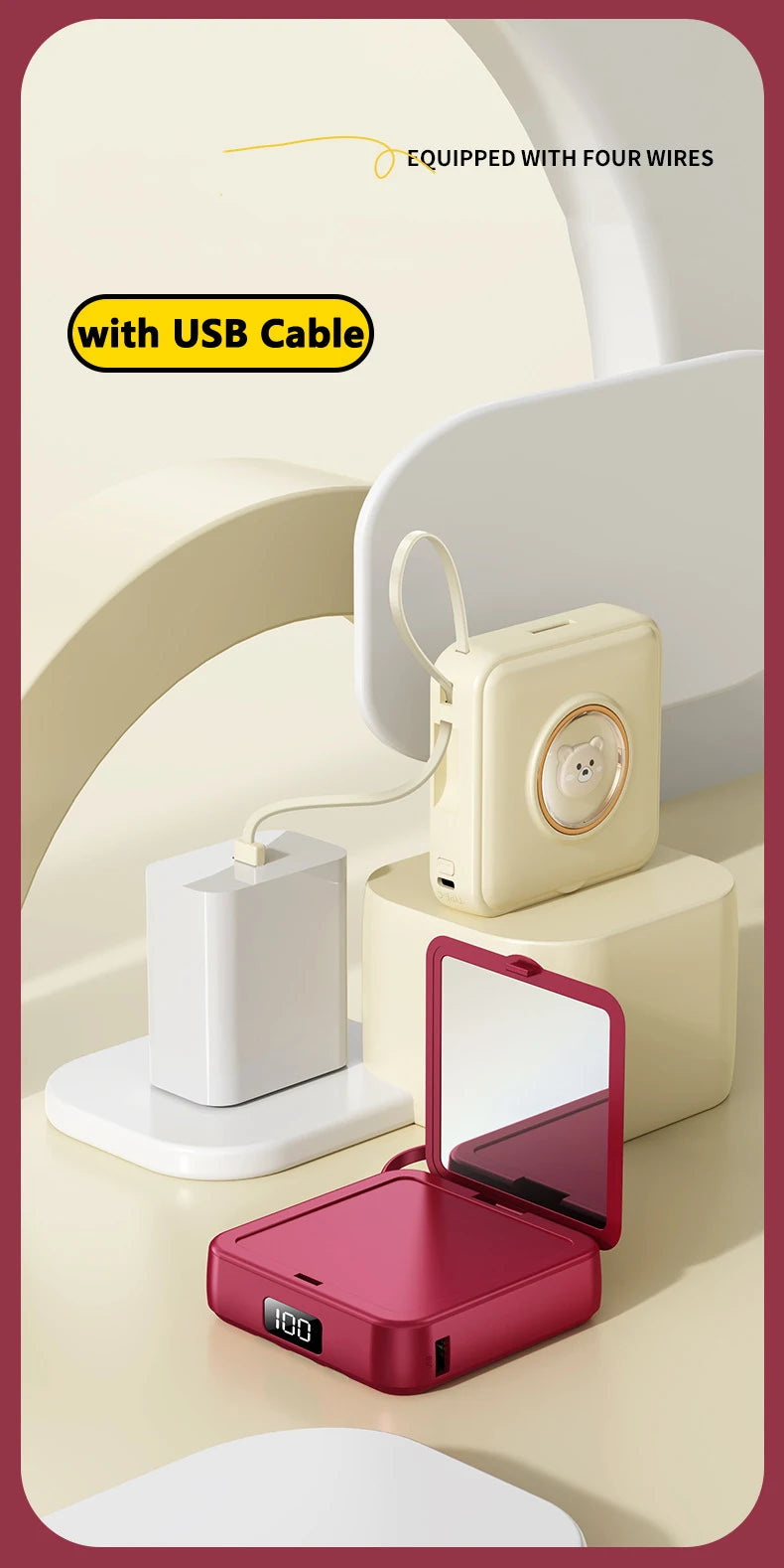Mini Power Bank 20000mAh – Built-in 4 Cables, Makeup Mirror & Cute Pet Cartoon Design