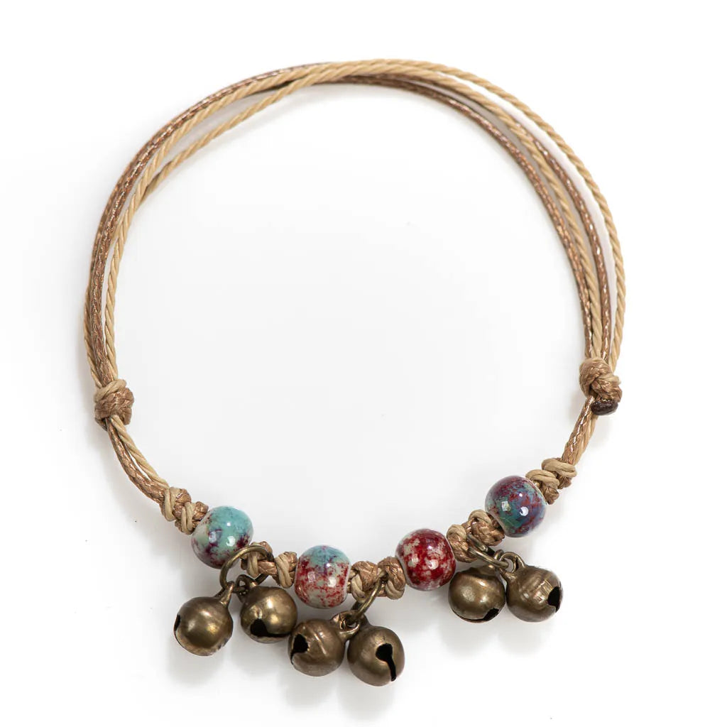 Handmade Ceramic Bead Bracelet with Small Bell – Adjustable Artisan Jewelry Gift