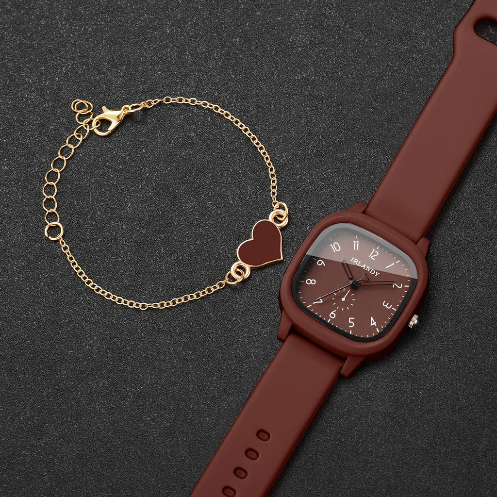 Fashion Arabic Dial Women's Quartz Watch & Heart Bracelet Set – 2PCS Square Silicone Wristwatch