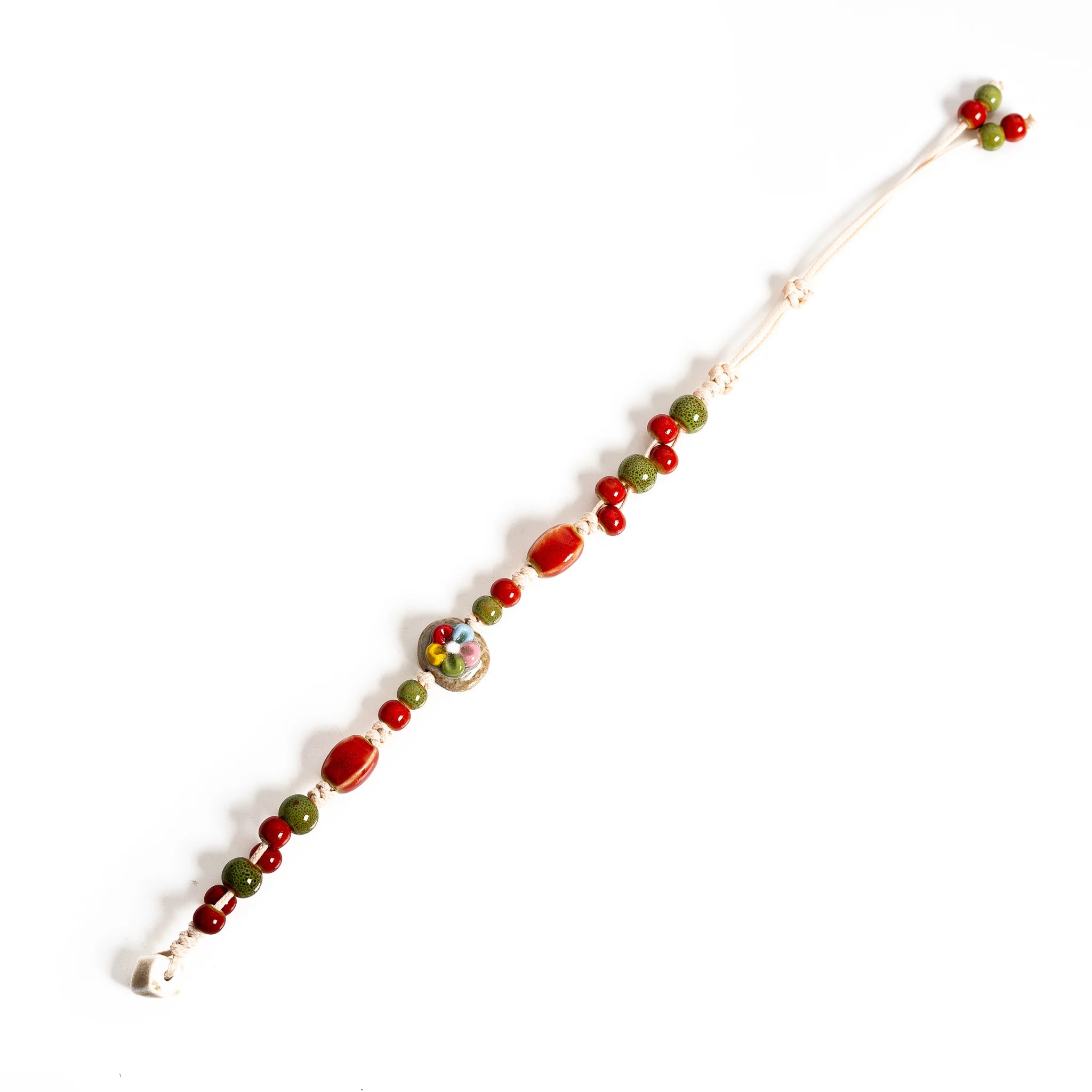 Handmade Floral Stone Ceramic Bracelet – Adjustable Wax Cord Dainty Vintage Jewelry for Women