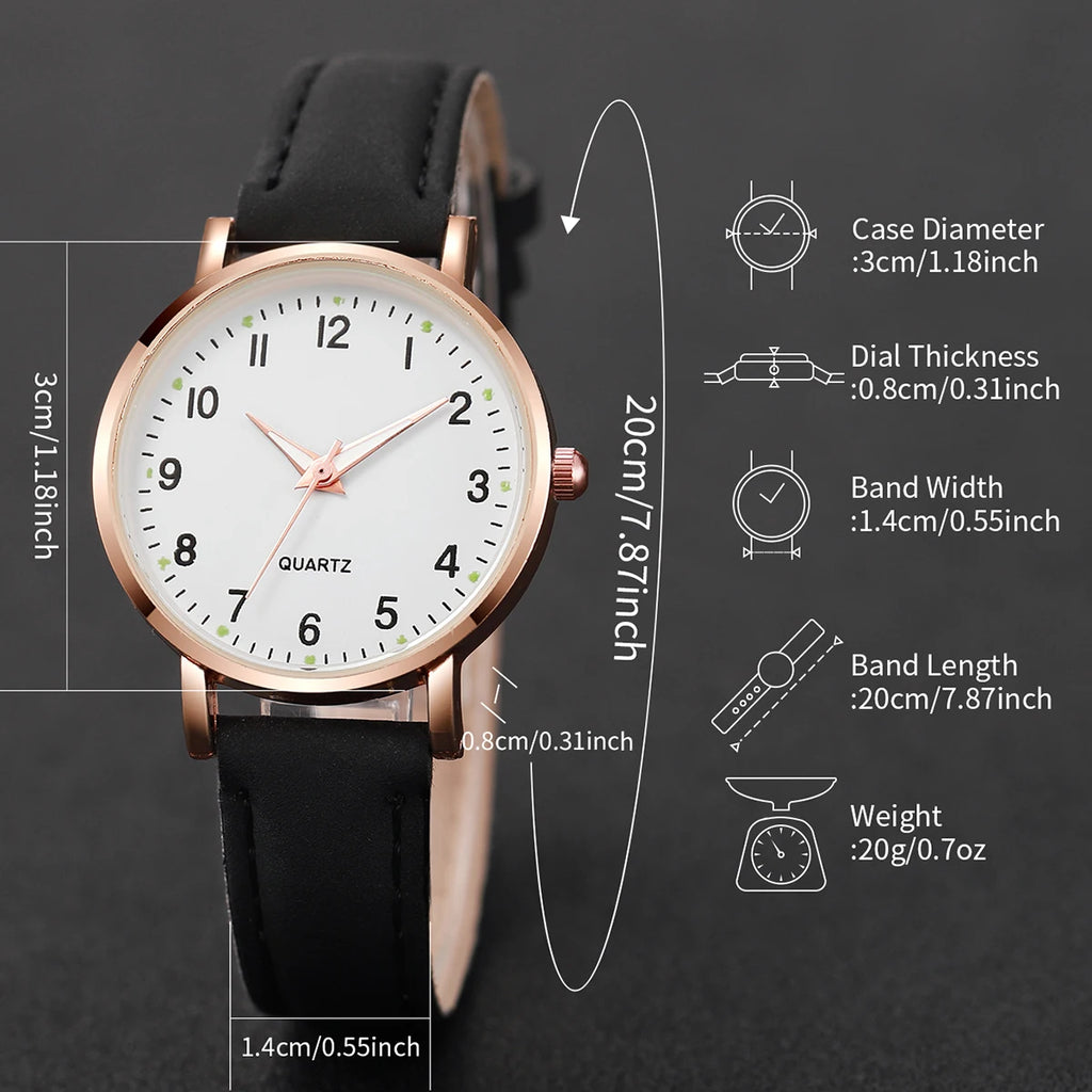 Fashion Women's Leather Quartz Watch & Heart Bracelet Set – 4/6PCS Arabic Dial Wristwatch