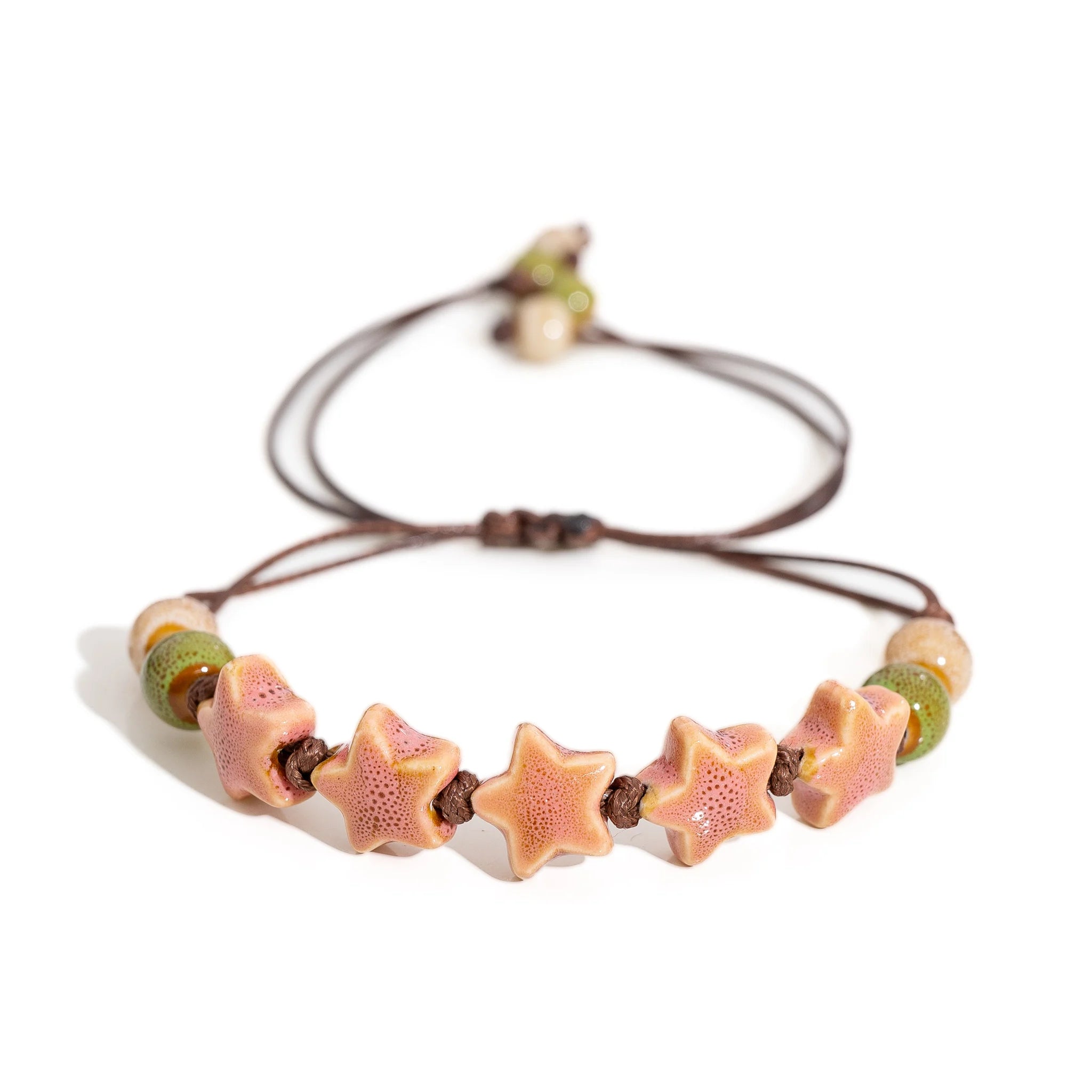 Handmade Pentagram Ceramic Bead Bracelet – Adjustable Wax Cord Jewelry for Women & Couples
