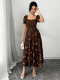 Women's Square Neck Pleated Maxi Dress - Short Sleeve Ruffle Hem