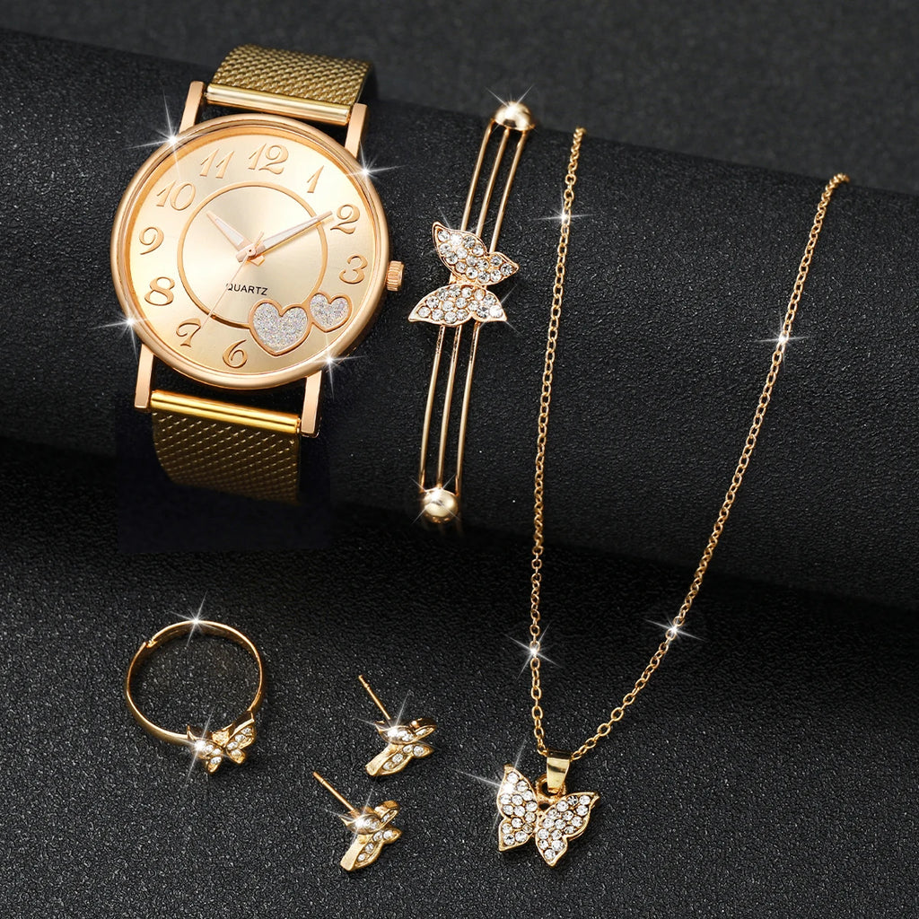 Fashion Heart Women's Quartz Watch & Butterfly Jewelry Set – 3/6PCS Golden Plastic Band Wristwatch