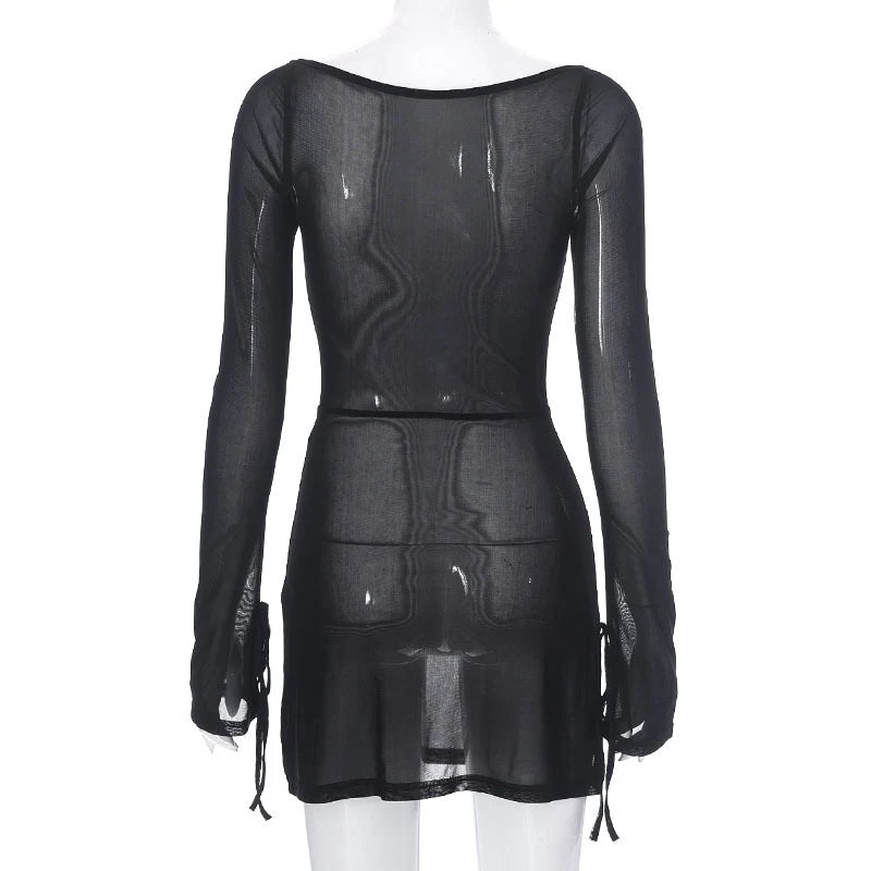 Square Collar Sheer Long Sleeve Mini Dress