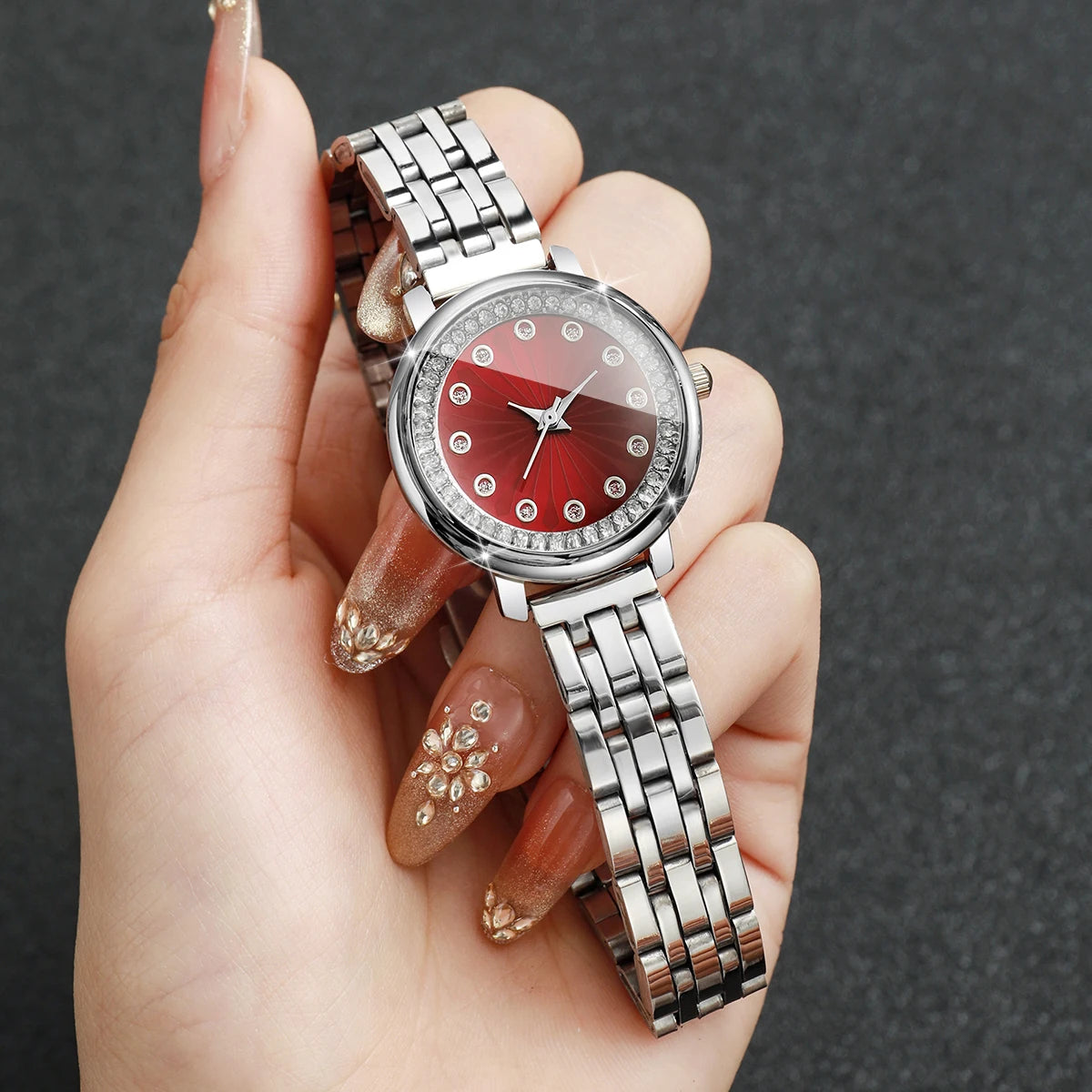 Luxury Red Dial Rhinestone Women's Quartz Watch – Stainless Steel Elegant Wristwatch