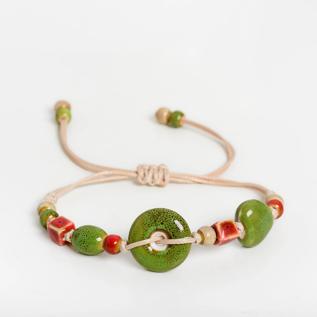 Handmade Ceramic Heart Button Bracelet – Adjustable Braided Cord Boho Jewelry for Women