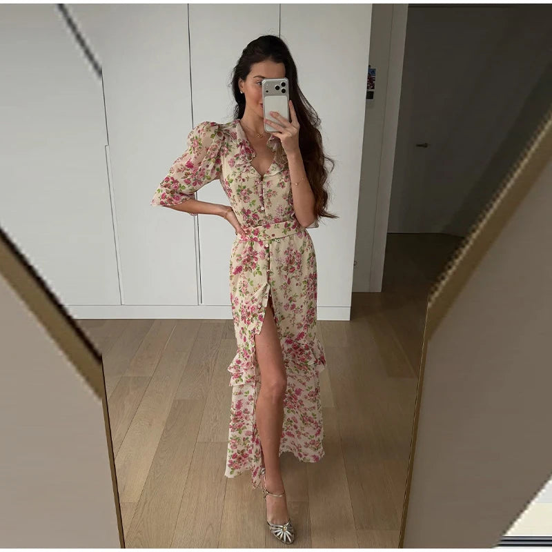 Women's Printed Gathered Swing Midi Dress - Spaghetti Strap High Waist