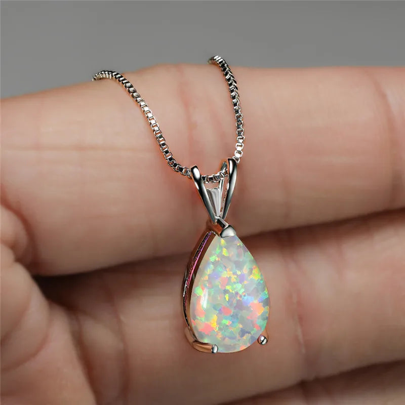 Boho Opal Teardrop Necklace – Silver, Blue-Green