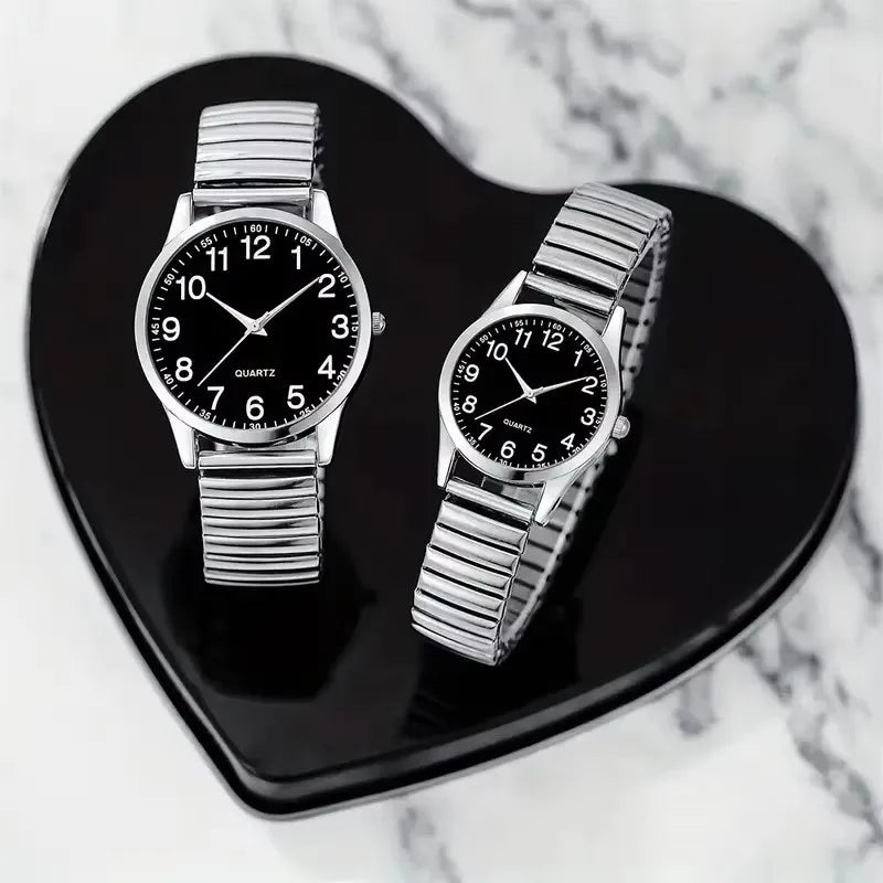 Fashion Couple Quartz Watches Set – Arabic Dial Elastic Band Wristwatches for Men & Women