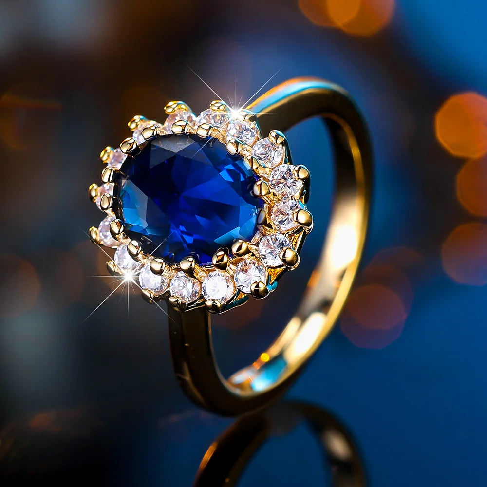Luxury Crystal Blue Oval Zircon Engagement Ring for Women