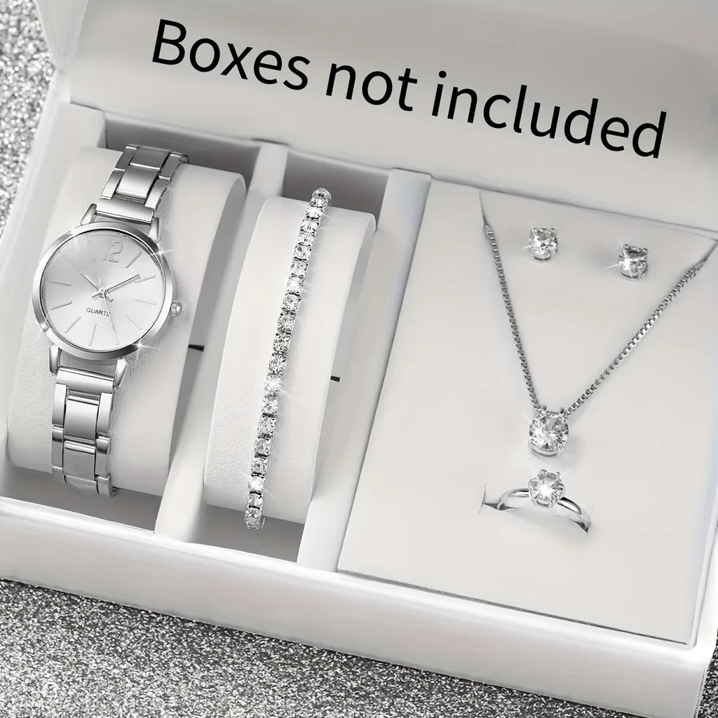 Women's Stainless Steel Quartz Watch & Diamond Jewelry Set – 6PCS Fashion Wristwatch