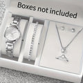 Women's Stainless Steel Quartz Watch & Diamond Jewelry Set – 6PCS Fashion Wristwatch